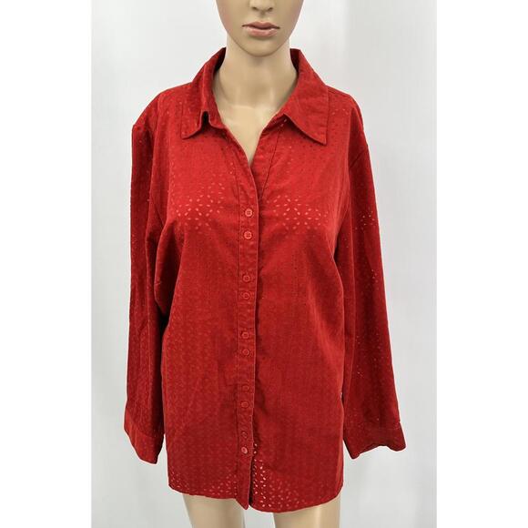 Liz & Me Tops - Red Eyelet Button-Down Shirt Plus Size 1X Cotton‎ Blend Liz & Me